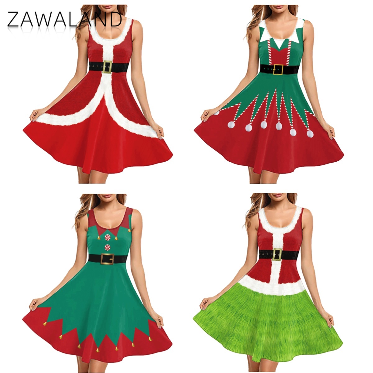 Elf Costume Christmas - Kostum Cosplay Cetak Merah Hijau Natal