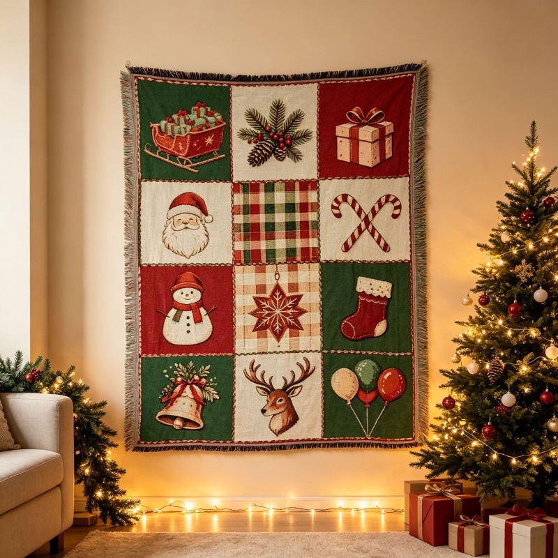 Christmas Throw Blanket - Taplak Dinding Motif Jacquard Natal dengan